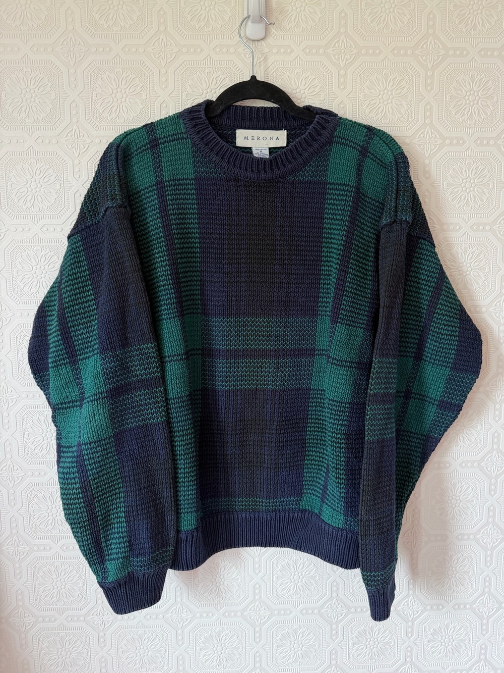 Vintage Merona Green & Navy Plaid Crewneck Sweater - Men Size M